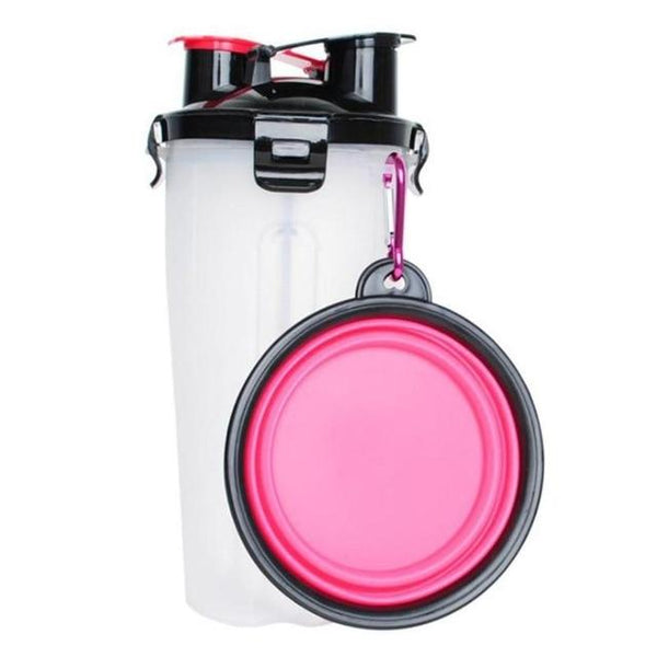 Transparante shakerbeker met zwarte deksel en rode accenten, inclusief opvouwbare roze siliconen kom. Ideaal voor sportdranken en maaltijdbereiding.