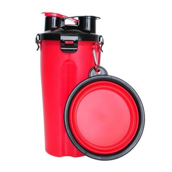 Rode hondenvoerbak met opvouwbare kom en karabijnhaak, ideaal voor reizen en wandelen. Duurzaam, draagbaar en gemakkelijk schoon te maken.