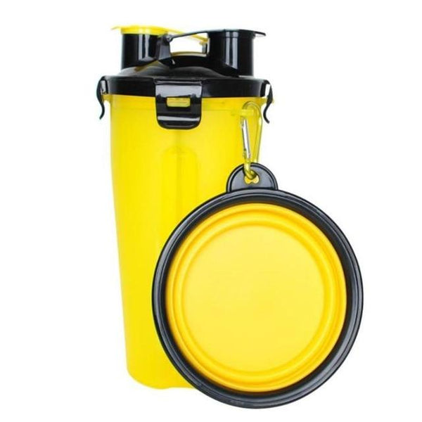 Gele shakerbeker met zwarte deksel en karabijnhaak, inclusief opvouwbare gele siliconen kom. Ideaal voor sportdranken en outdooractiviteiten.