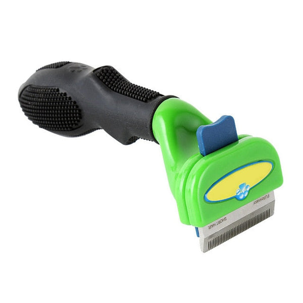 Groene en zwarte hondenborstel met ergonomische handgreep en metalen kam, ideaal voor het verwijderen van losse haren en het verzorgen van huisdieren.