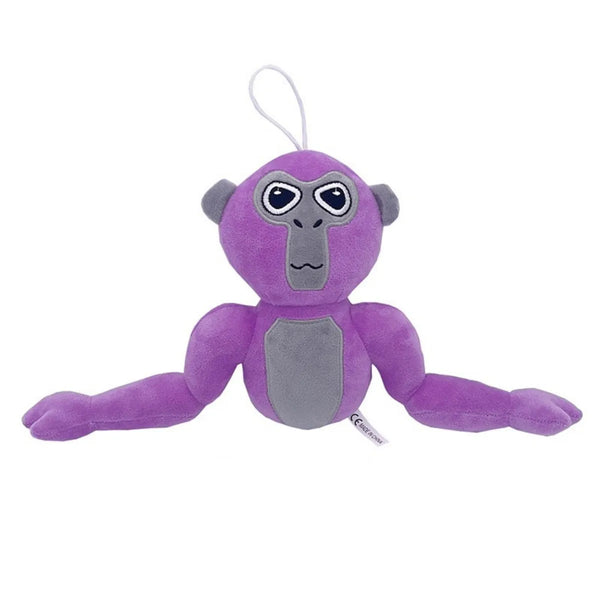 Paarse gorilla knuffel met grijze accenten en grote ogen, ideaal als speelgoed voor kinderen. Zacht pluche, perfect voor knuffelen en spelen.
