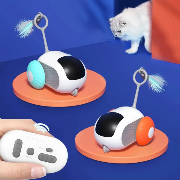 Interactief kattenspeelgoed met afstandsbediening, kleurrijke wielen en veerstaart. Perfect voor kattenvermaak en stimulatie binnenshuis.