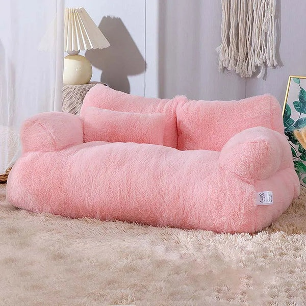 Roze luxe kattenbed bank, winterwarm, pluche materiaal, geschikt voor kleine tot middelgrote katten en honden, comfortabel en stijlvol design.