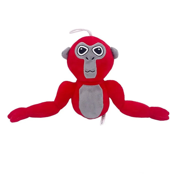 Rode pluchen gorilla knuffel met grijze accenten, geschikt voor kinderen. Zacht speelgoed, ideaal als cadeau of decoratie in kinderkamer.