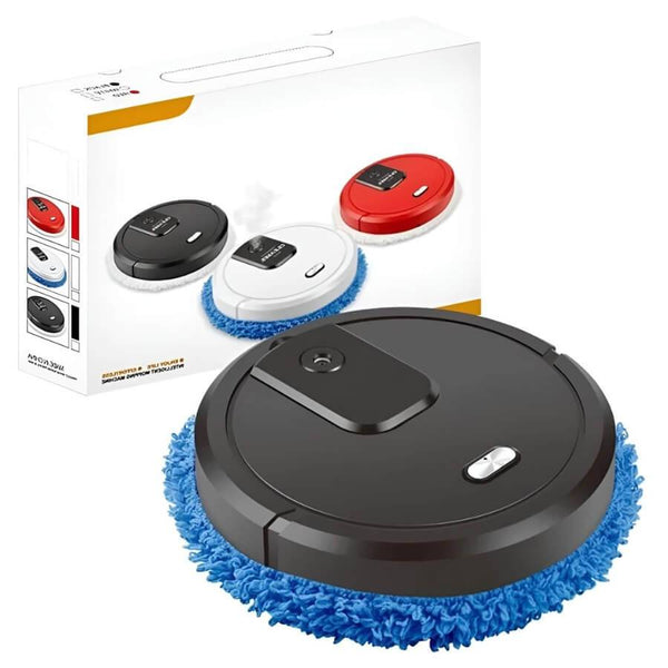 Zwarte robotstofzuiger met blauwe dweilborstel, verpakt in doos. Slimme huishoudelijke apparaten, automatische vloerreiniging, efficiënt en modern design.