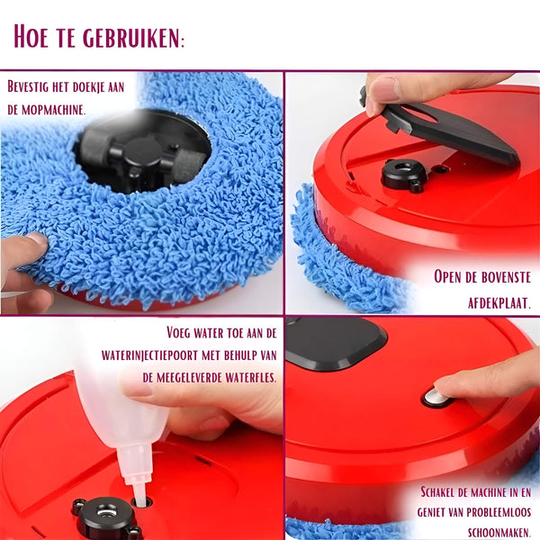 Rode robot dweil voor thuisgebruik met blauwe mopdoek, waterinlaat en bedieningsknop. Ideaal voor efficiënte vloerreiniging.