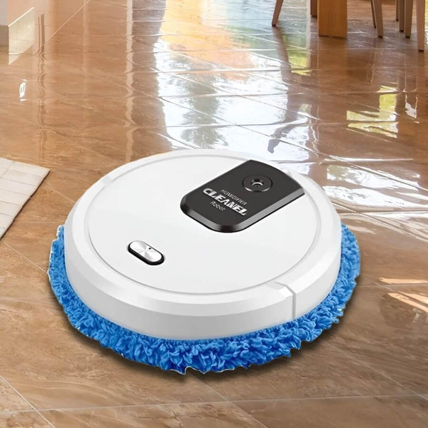 Robotstofzuiger met dweilfunctie op glanzende tegelvloer, ideaal voor thuisgebruik. Slimme huishoudelijke apparaten, efficiënte schoonmaakoplossing.
