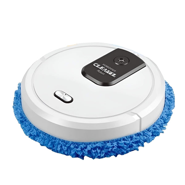 Witte robot dweil voor thuisgebruik met blauwe mop, automatische vloerreiniger, slimme huishoudelijke apparaten, efficiënte schoonmaakoplossing.