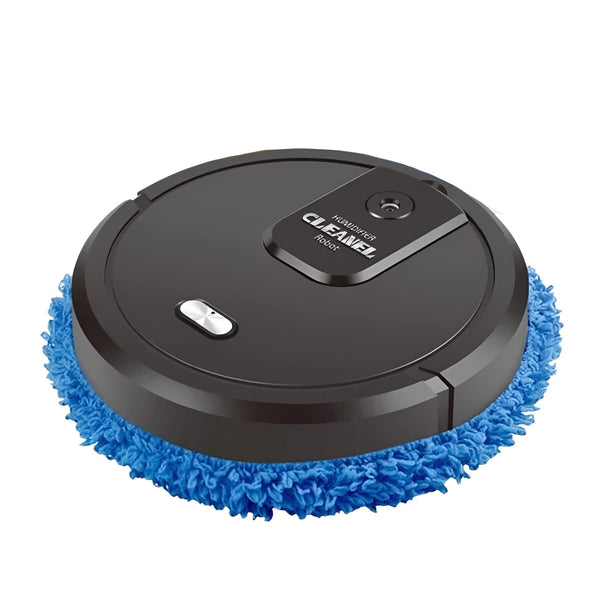 Zwarte robotdweil voor thuisgebruik met blauwe microvezel pad, automatische vloerreiniging, slimme huishoudelijke apparaten, efficiënte schoonmaakoplossing.