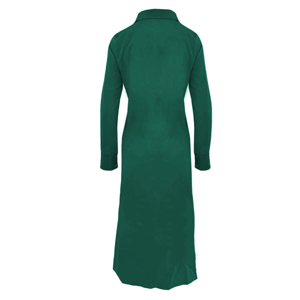 Groene lange jas met kraag, rugaanzicht. Stijlvolle damesmode, winterkleding, elegant ontwerp. Perfect voor koude seizoenen.
