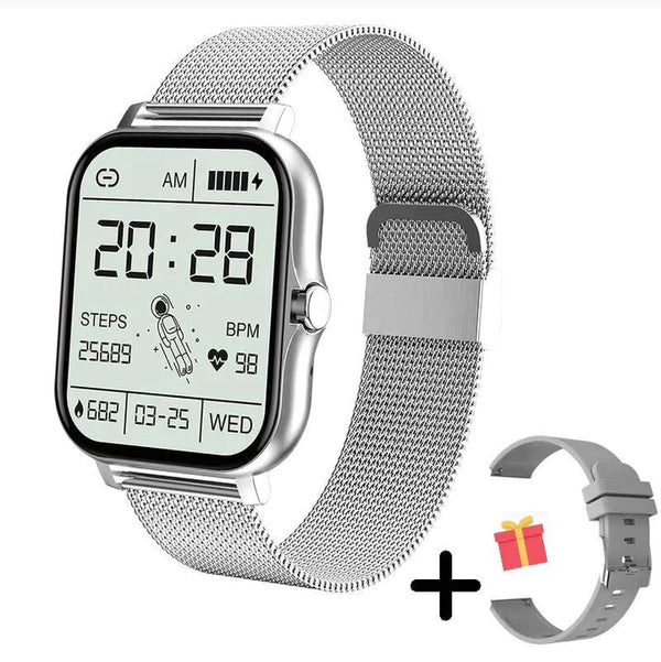 Zilveren smartwatch met metalen band, digitaal display, gezondheidsmonitoring, stappenteller en extra band. Modern design, technologie, cadeau-optie.