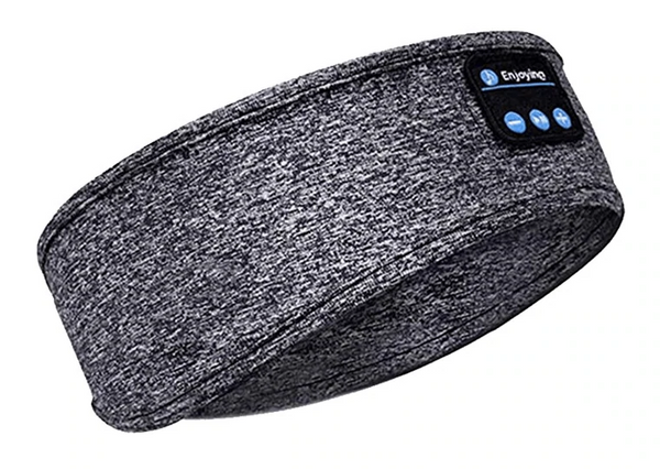 Grijze Bluetooth slaapband met bedieningsknoppen, ideaal voor comfortabel slapen en muziek luisteren. Draadloze hoofdband voor ontspanning en slaap.