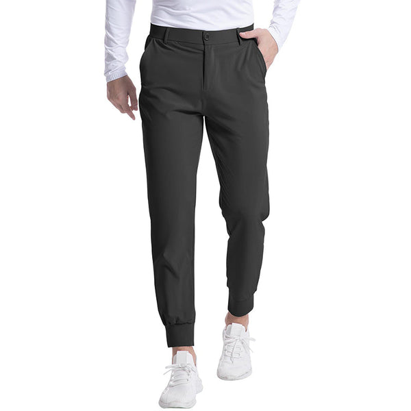 Zwarte herenbroek, sportief en casual, met elastische tailleband en zakken. Perfect voor dagelijks gebruik. Comfortabele pasvorm, modieuze stijl.