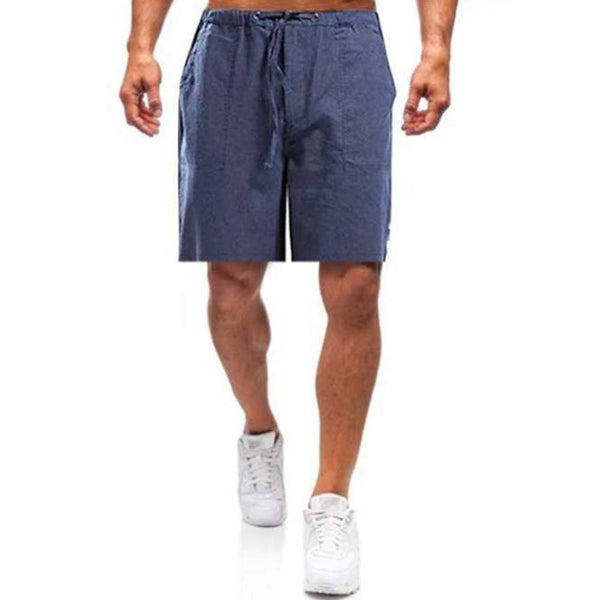 Blauwe katoenen herenshorts, casual en comfortabel, ideaal voor zomer, strand, fitness en basketbal. Losse pasvorm met trekkoord.