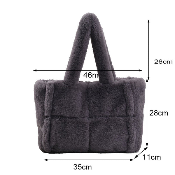 Grijze pluchen handtas met afmetingen: 46x28x11 cm. Stijlvolle schoudertas, zachte textuur, ideaal voor dagelijks gebruik en modieuze outfits.