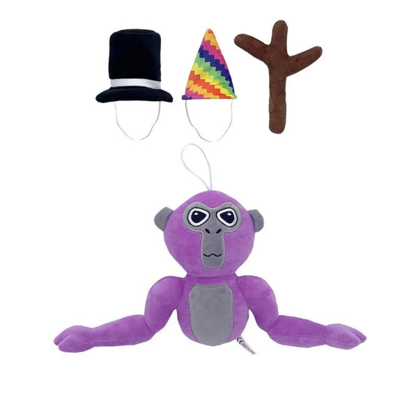 Paarse gorilla knuffel met verwisselbare hoeden: hoge hoed, regenboog feesthoed en takvormige hoed. Perfect speelgoed voor kinderen.