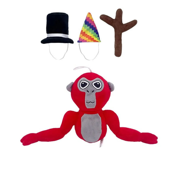Rode gorillaknuffel met verwisselbare hoeden: hoge hoed, feesthoed en tak. Perfect speelgoed voor kinderen. Zacht, kleurrijk en veelzijdig.