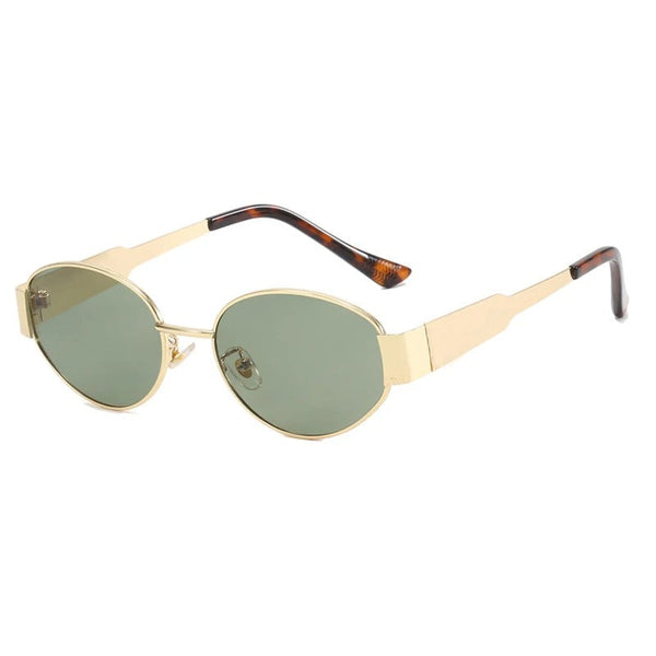 Gouden zonnebril met groene lenzen, ovale vorm, modieus ontwerp, geschikt voor dames en heren, UV-bescherming, trendy accessoire.