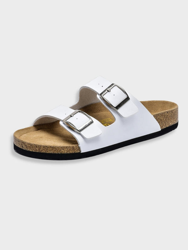 Witte leren sandaal met twee verstelbare gespen en kurken zool, unisex design, comfortabele pasvorm, ideaal voor zomerse casual outfits.
